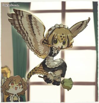 2girls apron beak bird_girl bird_legs bird_tail black_dress black_eyes border bright_pupils broom brown_hair cheetah_girl collared_dress colored_sclera commentary_request dress feathered_wings feathers flying furry furry_female green_sclera highres indoors koucha_inu looking_up maid maid_apron maid_headdress multicolored_hair multiple_girls open_mouth original red_eyes tail twitter_username white_border white_pupils window winged_arms wings