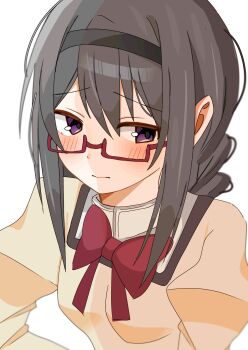Rule 34 | 1girl, akemi homura, black hair, black hairband, bow, bowtie, glasses, hairband, highres, looking at viewer, mahou shoujo madoka magica, mahou shoujo madoka magica (anime), puffy sleeves, purple eyes, rate11717991, rectangular eyewear, red-framed eyewear, red bow, red bowtie, semi-rimless eyewear, simple background, solo, under-rim eyewear, white background