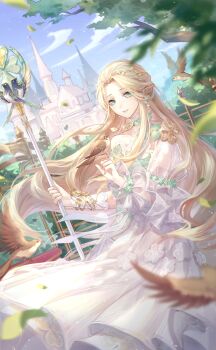 1girl aqua_eyes artist_request bird bird_on_hand blue_sky bracelet braid bush castle chair choker cloud clover cowboy_shot day dress earrings elf eyelashes first_light_of_dawn_(shining_nikki) floating_clothes floating_hair floral_print four-leaf_clover frilled_choker frilled_sleeves frills game_cg garden gold_bracelet green_choker half_up_braid happy highres holding holding_scepter house_sparrow jewelry juliet_sleeves leaf light_particles long_dress long_sleeves looking_at_another multiple_bracelets nikki_(series) official_art ophelia_(shining_nikki) outdoors parted_bangs parted_lips pink_lips pleated_dress pointy_ears puffy_sleeves railing scepter see-through_clothes see-through_sleeves shining_nikki sidelocks sky smile solo sparrow standing third-party_source tree white_dress wind