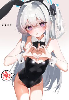 ... 1girl absurdres alternate_costume animal_ear_hairband animal_ears black_bow black_bowtie black_leotard blue_archive blush bow bowtie breasts commentary_request detached_collar drawing_flover fake_animal_ears grey_hair hairband heart heart-shaped_pupils heart_hands highres leaning_forward leotard long_hair looking_at_viewer miyako_(blue_archive) one_side_up partially_shaded_face playboy_bunny purple_eyes rabbit_ear_hairband rabbit_ears sexually_suggestive simple_background small_breasts solo spoken_heart strapless strapless_leotard suggestive_fluid symbol-shaped_pupils thighs tongue tongue_out white_background white_wrist_cuffs wrist_cuffs