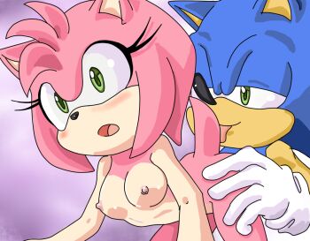 1boy 1girl amy_rose anilingus ass blue_fur blue_hair blue_skin blush breasts colored_skin embarrassed excited eyelashes furry green_eyes half-closed_eyes hetero licking long_eyelashes medium_breasts nude pink_fur pink_hair pink_skin randomguy999 sega sonic_(series) sonic_the_hedgehog surprised tail tongue