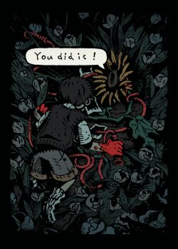 1boy 9twoeight animated animated_gif antenna_hair black_hair black_sweater_vest brown_shorts collared_shirt english_text flower highres holding holding_jump_rope jump_rope omori photo_(object) shirt short_hair short_sleeves shorts socks solo speech_bubble spoilers sunflower sunny_(omori) sweater_vest tulip white_socks