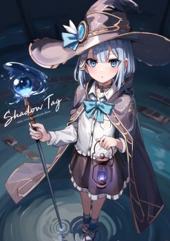 1girl black_choker blue_bow blue_bowtie blue_eyes blue_hair blush bow bowtie breasts choker cloak collarbone collared_shirt frilled_skirt frills from_above full_body hair_ribbon hat highres holding holding_lamp holding_wand long_sleeves looking_at_viewer medium_hair original ribbon shirt skirt small_breasts toketa-sekai wand white_shirt witch witch_hat