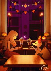 1girl animal_ear_fluff animated banette blacephalon booth_seating braixen brown_hair chandelure clothed_pokemon dragapult dreepy duskull eating food gen_1_pokemon gen_2_pokemon gen_3_pokemon gen_4_pokemon gen_5_pokemon gen_6_pokemon gen_7_pokemon gen_8_pokemon gengar halloween hat highres ice_cream jack-o&#039;-lantern joltik long_hair mega_banette mega_pokemon mimikyu misdreavus nintendo oshiruko_(oshiruko_s2) pokemon pokemon_xy pumpkin rotom rotom_(normal) serena_(pokemon) signature sitting slice_of_life spoon sundae tongue tongue_out ultra_beast video witch_hat