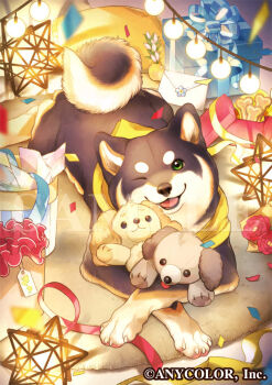 ;3 bandana blurry bone box commentary_request company_name confetti copyright_name depth_of_field envelope gift gift_box green_eyes kuroi_shiba nijisanji no_humans official_art one_eye_closed rio_(ewanandlianne) sample_watermark shiba_inu streamers stuffed_animal stuffed_dog stuffed_toy thick_eyebrows tongue virtual_youtuber watermark yellow_bandana