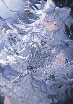 1girl bow bu_jie_cha dress hair_bow highres image_sample long_hair looking_at_viewer original puppet simple_background solo standing white_dress white_hair yellow_eyes