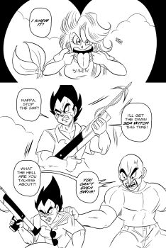 1girl 2boys black_hair breasts bulma dragon_ball dragonball_z english_text eyewear_hang facial_hair fins fish_tail funsexydb greyscale harpoon harpoon_gun highres long_hair looking_through_scope making_faces medium_breasts mermaid monochrome monster_girl multiple_boys muscular muscular_male nappa speargun speech_bubble spiked_hair sunglasses tail tongue tongue_out unworn_eyewear vegeta