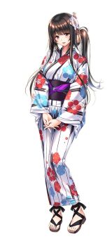 1girl amakano_2 black_sash blush breasts brown_hair brown_sandals floral_print floral_print_kimono flower hair_flower hair_ornament japanese_clothes kimono kurohime_yuuhi large_breasts long_hair long_sidelocks looking_at_viewer obi official_art open_mouth piromizu print_kimono red_eyes sandals sash sidelocks smile solo standing very_long_hair very_long_sidelocks wide_sleeves