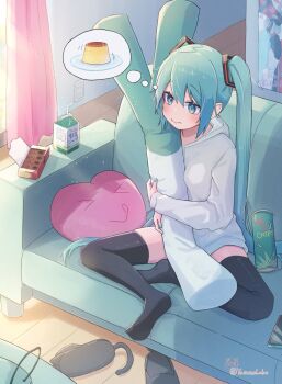 Rule 34 | > <, 1girl, :>, :q, :s, animal slippers, aqua eyes, aqua hair, aqua nails, artist self-reference, between breasts, black slippers, black thighhighs, blush, breasts, chips (food), chocolate, closed mouth, commentary request, couch, curtains, doodle inset, drawstring, drink carton, drinking straw, electrical outlet, food, hair between eyes, hair ornament, hair tie, half lotus position, hatsune miku, heart, highres, holding, holding food, holding spring onion, holding stuffed toy, holding vegetable, hood, hoodie, indoors, juice box, light blush, long hair, long sleeves, looking ahead, magical mirai (vocaloid), magical mirai miku, magical mirai miku (2023), motion lines, no pants, no shoes, poster (object), pudding, revision, sidelocks, signature, sitting, slippers, small breasts, solo, spring onion, stuffed animal, stuffed toy, thighhighs, tongue, tongue out, twintails, vegetable, very long hair, vocaloid, white hoodie, yasuno-labo, zettai ryouiki