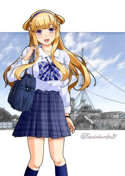 1girl absurdres alternate_costume bag blonde_hair blue_bow blue_bowtie blue_hairband blue_skirt blue_socks bow bowtie collared_shirt commentary_request double_bun dress_shirt feet_out_of_frame fletcher_(kancolle) folded_hair hair_bun hairband highres kantai_collection long_hair long_sleeves looking_at_viewer open_mouth plaid_bow plaid_bowtie plaid_clothes plaid_skirt pleated_skirt purple_eyes school_bag shirt skirt smile socks solo sorairo_haruka twitter_username white_shirt