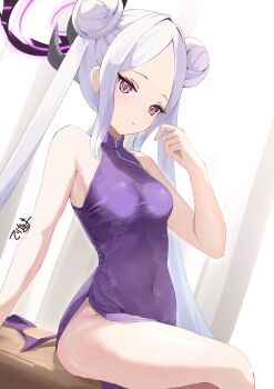 1girl alternate_costume alternate_hairstyle bare_arms bare_shoulders black_halo blue_archive breasts china_dress chinese_clothes commentary_request covered_navel demon_girl demon_horns demon_wings double-parted_bangs double_bun dress forehead hair_bun halo highres hina_(blue_archive) horns long_hair looking_at_another looking_at_viewer mechanical_halo medium_breasts open_mouth parted_bangs purple_dress purple_eyes purple_halo sidelocks sitting sleeveless sleeveless_dress small_breasts solo teritama_(teritama_house) thighs twintails white_hair wings