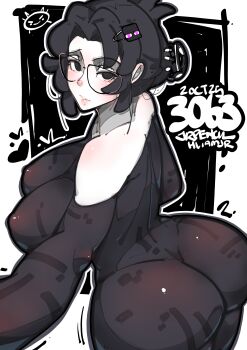 1girl absurdres artist_name ass bare_shoulders black_bodysuit black_eyes black_hair bodysuit breasts character_hair_ornament commentary cowboy_shot enderman english_commentary from_behind glasses hair_ornament hairclip highres impossible_bodysuit impossible_clothes jrpencil large_breasts looking_at_viewer minecraft original parted_lips short_hair smile solo