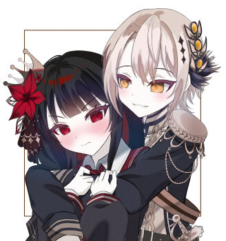 Rule 34 | 2girls, aiguillette, belt, belt buckle, black belt, black hair, black shirt, blonde hair, blunt bangs, blush, border, buckle, closed mouth, commentary request, couple, crown, embarrassed, epaulettes, flower, front-to-back, gloves, grin, hair flower, hair ornament, hanahana 201215, hasumi leia, highres, holding another's arm, hug, hug from behind, long hair, long sleeves, looking at another, mahou shoujo no majo saiban, military uniform, mini crown, multiple girls, nikaido hiro, nose blush, pale skin, pointed crown, pommel, red eyes, red flower, sash, shirt, short hair, shoulder sash, sidelocks, simple background, sleeve cuffs, smile, swept hilt, tilted headwear, tsurime, upper body, v-shaped eyebrows, white background, white gloves, wing collar, wolf cut, yellow eyes, yuri