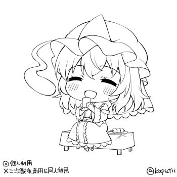 Rule 34 | 1girl, :d, = =, cherry blossoms, chibi, chibi only, commentary request, cup, dango, drinking glass, food, frilled kimono, frills, hat, holding, holding cup, japanese clothes, kapuchii, kimono, long sleeves, medium hair, mob cap, monochrome, open mouth, plate, saigyouji yuyuko, sitting, smile, solo, touhou, triangular headpiece, unfinished, veil, wagashi, yunomi