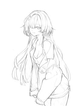 1girl alternate_costume breasts cleavage closed_mouth commentary cowboy_shot ddcc0123 earrings english_commentary hair_ornament hair_over_one_eye highres jacket jewelry light_smile lineart long_hair looking_at_viewer medium_breasts mornye_(wuthering_waves) open_clothes open_jacket simple_background single_bare_shoulder solo triangle_earrings white_background wuthering_waves