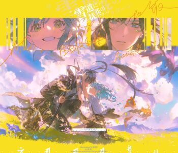 1boy 1girl artist_name black_coat black_pants blue_hair blue_petals blue_sky blush boots brown_hair brown_shoes brown_skirt cha_pu closed_mouth cloud cloudy_sky coat covered_mouth eyelashes falling_petals floating_hair flower flower_wreath grass green_eyes grin hair_flower hair_ornament hand_on_another's_head happy head_wreath highres holding holding_sheath holding_weapon long_hair long_sleeves looking_at_another medium_hair mountain on_one_knee original outdoors pants parted_lips petals profile purple_eyes purple_flower sheath shirt shoes short_sleeves skirt sky smile socks sunlight sword teeth watermark weapon white_shirt white_socks wind