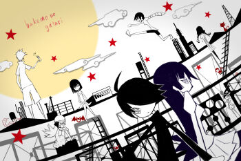 2boys 6+girls ahoge araragi_koyomi bakemonogatari bat_(animal) braid cellphone cloud dress full_moon gekidan_inu_curry_(style) hachikuji_mayoi hair_over_one_eye hanekawa_tsubasa helmet highres hiroki_eiki juliet_sleeves jumping kanbaru_suruga knees_up ladder long_sleeves low_twin_braids monkey monochrome monogatari_(series) moon multiple_boys multiple_girls one_eye_closed oshino_meme oshino_shinobu phone pleated_skirt puffy_sleeves railing sengoku_nadeko senjougahara_hitagi shorts sitting skirt snail spiked_hair spot_color star_(symbol) twin_braids twintails water_tower