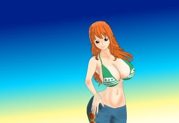 1girl 2025 bakamangaka bikini bikini_top_only breasts brown_eyes cleavage closed_mouth commentary cowboy_shot denim english_commentary gradient_background green_bikini hand_on_own_hip jeans large_breasts long_hair looking_at_viewer nami_(one_piece) nami_(one_piece)_(return_to_sabaody) navel official_alternate_costume one_piece orange_hair pants smile solo striped_bikini striped_clothes swimsuit wavy_hair