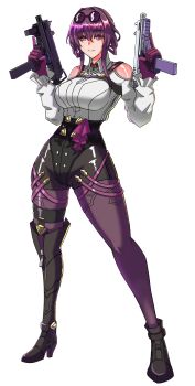 Rule 34 | 1girl, absurdres, bare shoulders, black boots, boots, breasts, commentary, dual wielding, eyewear on head, full body, gun, high-waist shorts, high heels, highres, holding, holding gun, holding weapon, honkai (series), kafka (honkai: star rail), large breasts, long hair, looking at viewer, pantyhose, purple eyes, purple hair, purple pantyhose, shorts, smile, solo, submachine gun, sunglasses, thigh boots, transparent background, weapon, zombieshirogane