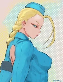 1girl blonde_hair blue_eyes breasts calad_g cammy_white covered_erect_nipples gabriel_carrasquillo hat large_breasts long_sleeves street_fighter street_fighter_zero_(series)