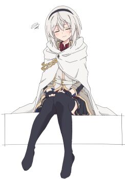 1girl amnesia_(majo_no_tabitabi) belt black_gloves black_hairband black_skirt black_thighhighs blush cape cloak closed_eyes closed_mouth facing_viewer fingerless_gloves full_body gloves hair_between_eyes hairband hands_on_lap highres long_sleeves majo_no_tabitabi medium_hair pleated_skirt shiroirosky shirt short_hair simple_background sitting skirt solo squiggle sweat sweatdrop thighhighs white_background white_cape white_cloak white_hair