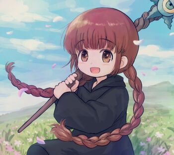 1girl absurdres black_robe blue_sky blush braid brown_eyes brown_hair commentary_request donatsupan field highres hood hood_down kukuri_(mahoujin_guruguru) long_hair mahoujin_guruguru open_mouth outdoors petals robe sky solo staff twin_braids