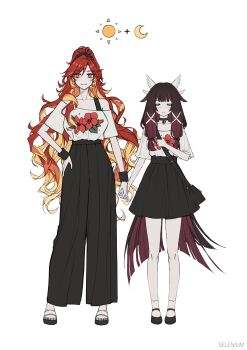 2girls absurdres columbina_(genshin_impact) commentary english_commentary eye_mask genshin_impact hair_between_eyes highres long_hair mask mavuika_(genshin_impact) multicolored_hair multiple_girls orange_eyes orange_hair pants red_hair selenium_(reg_no_06089) shirt t-shirt white_mask white_wings wings x-shaped_eyewear