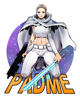 1girl animification arm_cuffs blue_eyes blue_lightsaber boots brown_hair cape character_name crop_top energy_sword gun holster knee_boots kneeling lightsaber looking_at_viewer midriff navel okada_(hoooojicha) padme_amidala single_sleeve star_(sky) star_wars star_wars:_attack_of_the_clones sword weapon wind