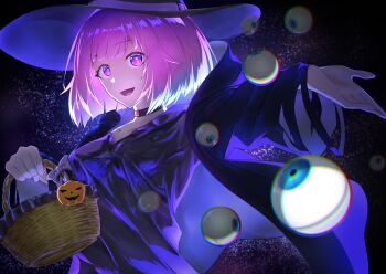 1girl basket black_choker black_dress black_hat black_hoodie breasts choker chromatic_aberration collarbone dress eyeball hat highres holding holding_basket hood hoodie keshi_izumi long_sleeves looking_at_viewer medium_hair ootori_emu open_clothes open_hand open_hoodie open_mouth pink_eyes pink_hair project_sekai smile solo witch_hat