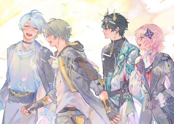 1girl 3boys antenna_hair arm_ribbon armor artist_name belt berrysoooda black_belt black_choker black_coat black_dress black_gloves black_hair black_jacket black_pants black_shirt blue_hair blush caelus_(honkai:_star_rail) chinese_clothes choker clenched_hand closed_eyes closed_mouth clothing_cutout coat collared_shirt commentary confetti cowboy_shot dan_heng_(honkai:_star_rail) dan_heng_(permansor_terrae)_(honkai:_star_rail) dragon_boy dragon_horns dress earclip english_commentary evernight_(honkai:_star_rail) eyeliner fingerless_gloves flower flower_ornament gloves grey_hair hair_between_eyes hair_flower hair_ornament hairclip hand_up high-waist_pants highres honkai:_star_rail honkai_(series) hood hooded_coat horns jacket jewelry lapels long_hair long_sleeves looking_at_another low_ponytail low_twintails makeup march_7th_(honkai:_star_rail) multiple_boys neck_tattoo necklace official_alternate_costume official_alternate_hairstyle open_clothes open_coat open_jacket open_mouth pants pearl_necklace phainon_(honkai:_star_rail) pink_hair pointy_ears ponytail puffy_long_sleeves puffy_sleeves purple_flower red_eyeliner red_eyes red_flower ribbon shirt short_hair shoulder_armor shoulder_cutout sidelocks simple_background single_bare_shoulder smile standing star_(symbol) star_necklace sun_symbol sun_tattoo t-shirt tan tassel tattoo teeth trailblazer_(honkai:_star_rail) twintails two-sided_coat two-sided_fabric two-tone_dress white_background white_coat white_dress white_shirt yellow_coat