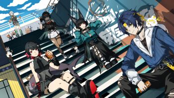 1boy 4girls absurdres animal_ears asaba_harumasa astra_yao black_gloves black_hair blue_hair blunt_bangs can cat drinking_straw dutch_angle ellen_joe fox_ears fox_girl gloves hairband highres holding holding_can hoshimi_miyabi long_hair long_skirt looking_at_viewer multicolored_hair multiple_girls outdoors pink_hair red_eyes red_hairband sitting skirt stairs thigh_strap tsukinaga227 two-tone_hair white_skirt yellow_eyes zenless_zone_zero