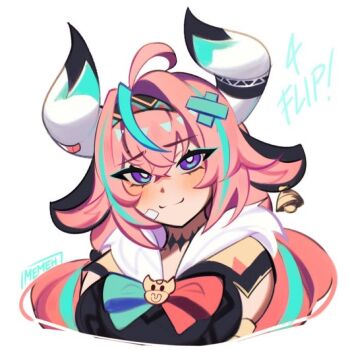 ahoge bandaid bell blue_eyes blue_hair breasts commission cow_horns genshin_impact horns large_breasts long_hair memeh pink_hair signature upper_body varesa_(genshin_impact)