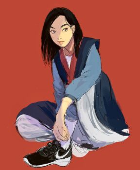 1girl animification asian black_hair black_shoes brown_eyes chinese_clothes dress fa_mulan_(disney) hanfu highres looking_at_viewer mulan_(movie) red_background shirt shoes short_hair simple_background sneakers solo yama18imo