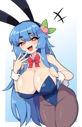 Rule 34 | 1girl, absurdres, animal ears, bare shoulders, black outline, black pantyhose, blue background, blue hair, blue leotard, border, bow, bowtie, breasts, bright pupils, cleavage, commission, daigada, detached collar, fake animal ears, fake tail, fang, food, food-themed hair ornament, fruit, fruit hair ornament, gradient background, hair ornament, hand on own face, highres, hinanawi tenshi, large breasts, leaf, leaf hair ornament, leotard, long hair, looking at viewer, no headwear, open mouth, outline, pantyhose, peach, peach hair ornament, playboy bunny, rabbit ears, rabbit tail, red bow, red bowtie, red eyes, shiny skin, sidelocks, smug, solo, strapless, strapless leotard, tail, touhou, white background, white border, white pupils, wrist cuffs