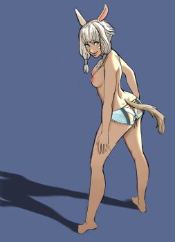 1girl animal_ears ass breasts butt_crack cat_ears cat_girl cat_tail dark-skinned_female dark_skin final_fantasy final_fantasy_xiv green_eyes kaine_(nier) lingerie looking_back medium_breasts medium_hair miqo'te nier nier_(series) nipples simple_background solo sunbeam_(artist) tail topless topless_female underwear white_hair y'shtola_rhul