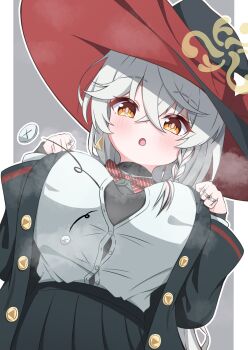 1girl :o absurdres black_hat black_jacket black_skirt black_sweater blue_archive blush bow bowtie braid breasts brown_eyes bursting_breasts button_gap chamma_r collared_shirt crossed_bangs earrings embarrassed eri_(blue_archive) flying_button from_below hair_between_eyes halo hat hat_bow highres huge_breasts jacket jewelry long_hair multicolored_eyes multicolored_hair multiple_rings open_clothes open_jacket orange_eyes pleated_skirt popped_button red_bow red_bowtie red_hair ring shirt side_braid sidelocks skirt solo streaked_hair striped_bow striped_bowtie striped_clothes sweater triangle_earrings turtleneck turtleneck_sweater two-sided_fabric two-sided_headwear white_hair white_shirt witch witch_hat yellow_halo