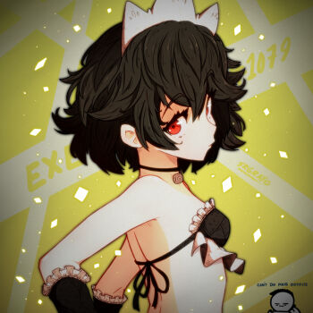 1boy 1girl :i artist_name artist_self-insert black_bra black_choker black_hair bra breasts character_request choker closed_mouth copyright_request elbow_gloves english_text frilled_bra frilled_gloves frills gloves hair_between_eyes head_tilt looking_at_viewer looking_to_the_side maid_headdress messy_hair red_eyes small_breasts srgrafo strapless strapless_bra underwear upper_body yellow_background