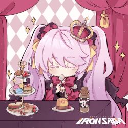 Rule 34 | 1girl, chibi, closed eyes, copyright name, crown, eating, food, highres, holding, holding spoon, iron saga, long hair, mini crown, official art, pink hair, plate, pudding, second-party source, slokai (iron saga), spoon, twintails