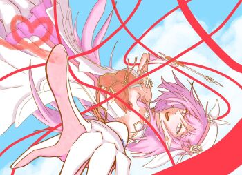 1girl beret blue_sky breasts commentary_request dress elf elysia_(hi_love_elf)_(honkai_impact) elysia_(honkai_impact) gloves hat highres holding_ribbon_baton honkai_(series) honkai_impact_3rd korean_commentary large_breasts long_hair looking_at_viewer multicolored_hair pink_hair pointing pointing_at_viewer pointy_ears purple_eyes red_dress sdg_423 sky smile solo two-tone_dress two-tone_hair very_long_hair white_dress white_gloves white_hair