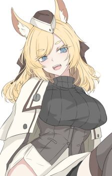 1girl :d animal_ear_fluff animal_ears arknights black_sweater blonde_hair blue_eyes breasts bright_pupils brown_hat commentary_request fang hat highres ken_(shutenndouji1) large_breasts looking_at_viewer medium_hair open_mouth ribbed_sweater simple_background smile solo sweater swept_bangs turtleneck turtleneck_sweater underbust whislash_(arknights) white_background white_hat white_pupils