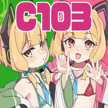 2girls animal_ear_headphones animal_ears bikini blonde_hair blue_archive blue_necktie bow breasts cat_ear_headphones cat_ears coat comiket_103 commentary_request fake_animal_ears fellatio_gesture green_background green_bow green_eyes hair_bow headphones long_sleeves looking_at_viewer maze_(gochama_ze_gohan) midori_(blue_archive) momoi_(blue_archive) multiple_girls necktie open_mouth penetration_gesture pink_background pink_bikini pink_bow siblings small_breasts swimsuit twins two-tone_background white_coat