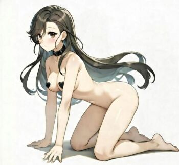 1girl all_fours ass barefoot blush breasts brown_eyes brown_hair collar heart_pasties kneeling lord_of_the_mysteries melissa_moretti narrow_waist no_bra no_panties non-web_source nude pasties solo thighhighs thighs