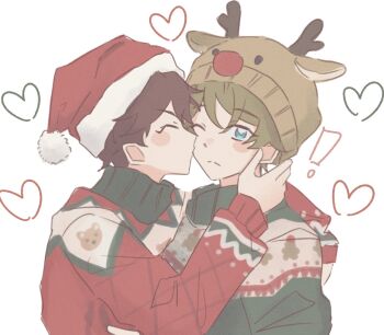 ! 2boys alternate_costume animal_ears animal_hat aqua_eyes brown_hair christmas christmas_sweater closed_eyes closed_mouth commentary_request ensemble_stars! fake_animal_ears hat heart kiss kissing_cheek kokopitta korean_commentary long_sleeves looking_at_viewer male_focus morisawa_chiaki multiple_boys one_eye_closed santa_hat short_hair simple_background sweater takamine_midori turtleneck white_background yaoi