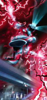 Rule 34 | 1boy, absurdres, alien, aqua eyes, black skin, bridge, building, color timer, colored skin, commentary request, electricity, from below, giant, glowing, glowing eyes, glowing hand, highres, multicolored skin, night, night sky, outdoors, red aura, red skin, silver skin, sky, solo, tokusatsu, traffic light, ultra series, ultraman geed, ultraman geed (series), yoshifuto