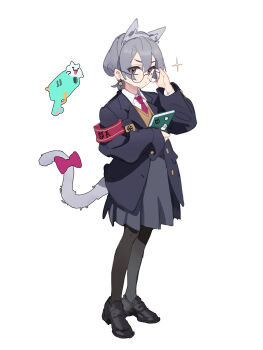 1girl adjusting_eyewear animal_ears armband black_jacket black_pantyhose black_shoes bow brown_hair cat_ears cat_girl cat_tail closed_mouth commentary earrings fake_animal_ears full_body glasses grey_hair grey_skirt gun hair_between_eyes hand_on_eyewear highres holding jacket jewelry long_sleeves looking_at_viewer necktie original pantyhose red_armband red_necktie round_eyewear shirt shoes short_hair simple_background skirt solo sparkle standing symbol-only_commentary tail tail_bow tail_ornament weapon white_background white_shirt zzzearly