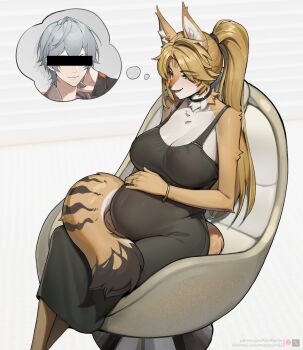 1girl animal_ears animal_print black_choker black_dress blonde_hair breasts censored censored_identity choker cleavage commentary dress egg_chair english_commentary furry furry_female green_eyes highres kambo large_breasts open_mouth ponytail pregnant pulchra_fellini sitting smile solo tail thinking tiger_ears tiger_girl tiger_print tiger_tail wise_(zenless_zone_zero) zenless_zone_zero