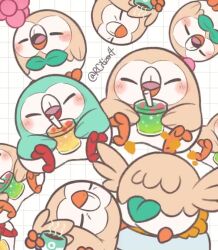 ^_^ animated aqua_feathers beak berry bird black_sclera blush bow bowl bright_pupils brown_feathers bubble_tea clone closed_eyes closed_mouth coffee coffee_mug colored_sclera cup disposable_cup drink drinking drinking_straw dual_persona eating feathers food food_on_face fruit gen_7_pokemon green_bow grid head_tilt holding holding_cup holding_drink jumping looking_at_viewer looking_back mug nintendo no_humans notice_lines one_eye_closed open_mouth owl perching pet_bowl pokemon pokemon_(creature) pokemon_focus rcitizen4 rowlet sitting tagme thinking turning_head turtleneck video white_feathers white_pupils