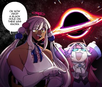 2girls animal_ears black_hole blonde_hair dark-skinned_female dark_skin elbow_gloves gloves hair_ornament hat highres hololive hololive_english limiter_(tsukumo_sana) long_hair mage_arena mochiparrot multicolored_hair multiple_girls panther_ears pink_hair planet_hair_ornament raora_panthera raora_panthera_(1st_costume) streaked_hair tsukumo_sana tsukumo_sana_(1st_costume) twintails very_long_hair virtual_youtuber yellow_eyes