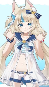 1girl animal_ear_fluff animal_ears bikini blonde_hair blue_bikini blue_bow blue_eyes blue_hair bow breasts cat_ears claw_pose closed_mouth dress fins fish_girl fish_tail hair_bow highres indie_virtual_youtuber long_hair looking_at_viewer low_twintails multicolored_hair navel one_side_up rktsm sameko_saba sameko_saba_(1st_costume) shorts sleeveless sleeveless_dress small_breasts smile solo streaked_hair swimsuit tail twintails very_long_hair virtual_youtuber white_dress white_shorts