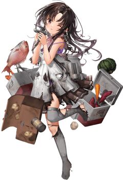 1girl apron artist_request bad_link black_hair brown_skirt camisole carrot collared_shirt cooler fish food full_body geta grey_thighhighs kantai_collection kappougi long_hair looking_at_another lunchbox machinery nankai_(kancolle) nosaki_(kancolle) one_eye_closed pink_shirt pleated_skirt polka_dot_camisole potato purple_camisole red_eyes shirt side_ponytail skirt solo squash standing strap_slip sweet_potato thighhighs transparent_background
